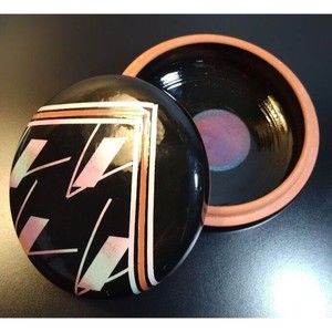 Pottery Trinket Dish Black Geometric Glazed Lidded Round Michael Scrivens PNW